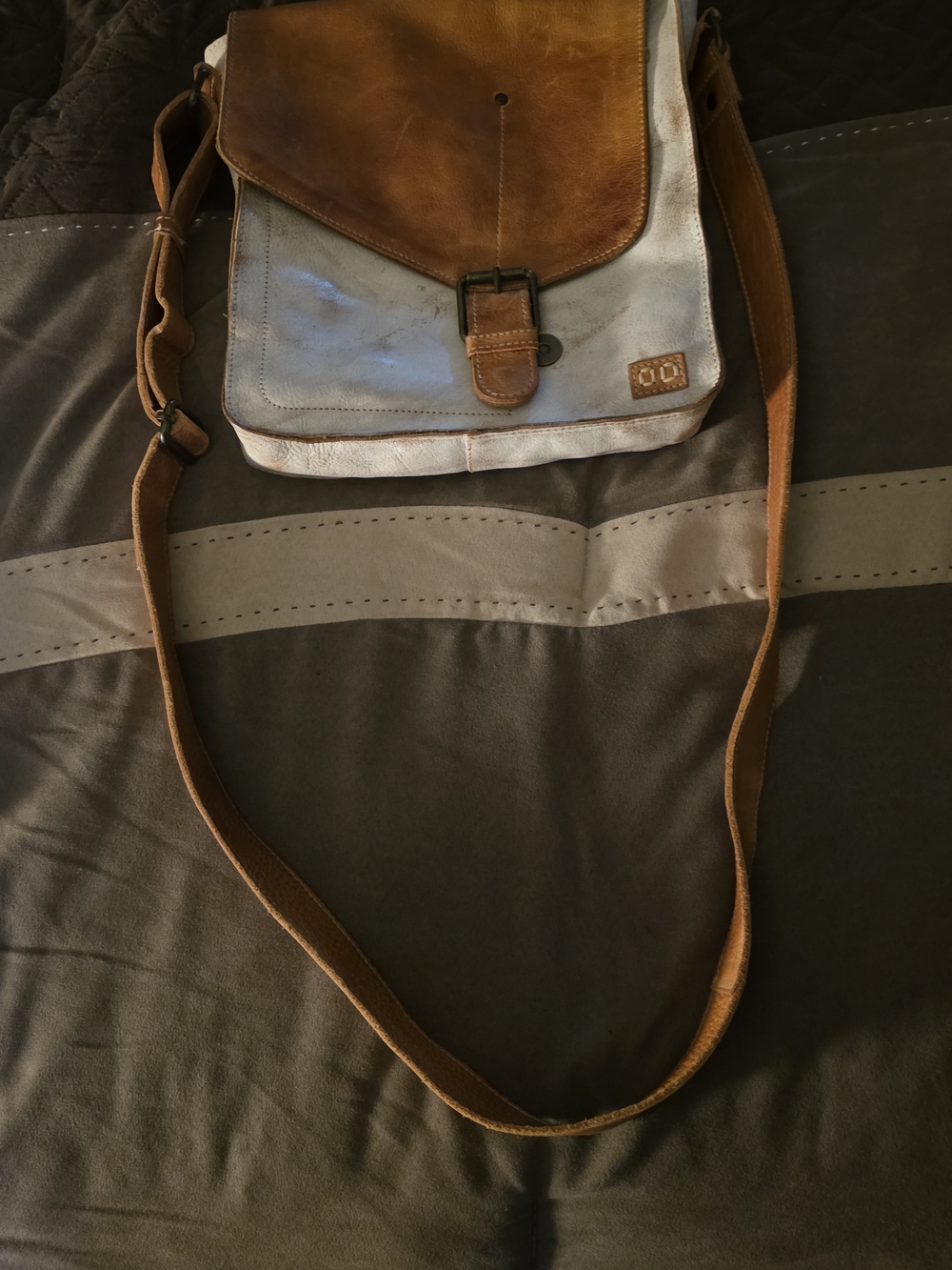 Brown and White Leather Crossbody Messenger Bag